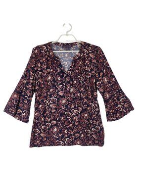 Gloria Vanderbilt Womens Top XL 3/4 Sleeve Navy Coral Floral Print Blouse Tunic